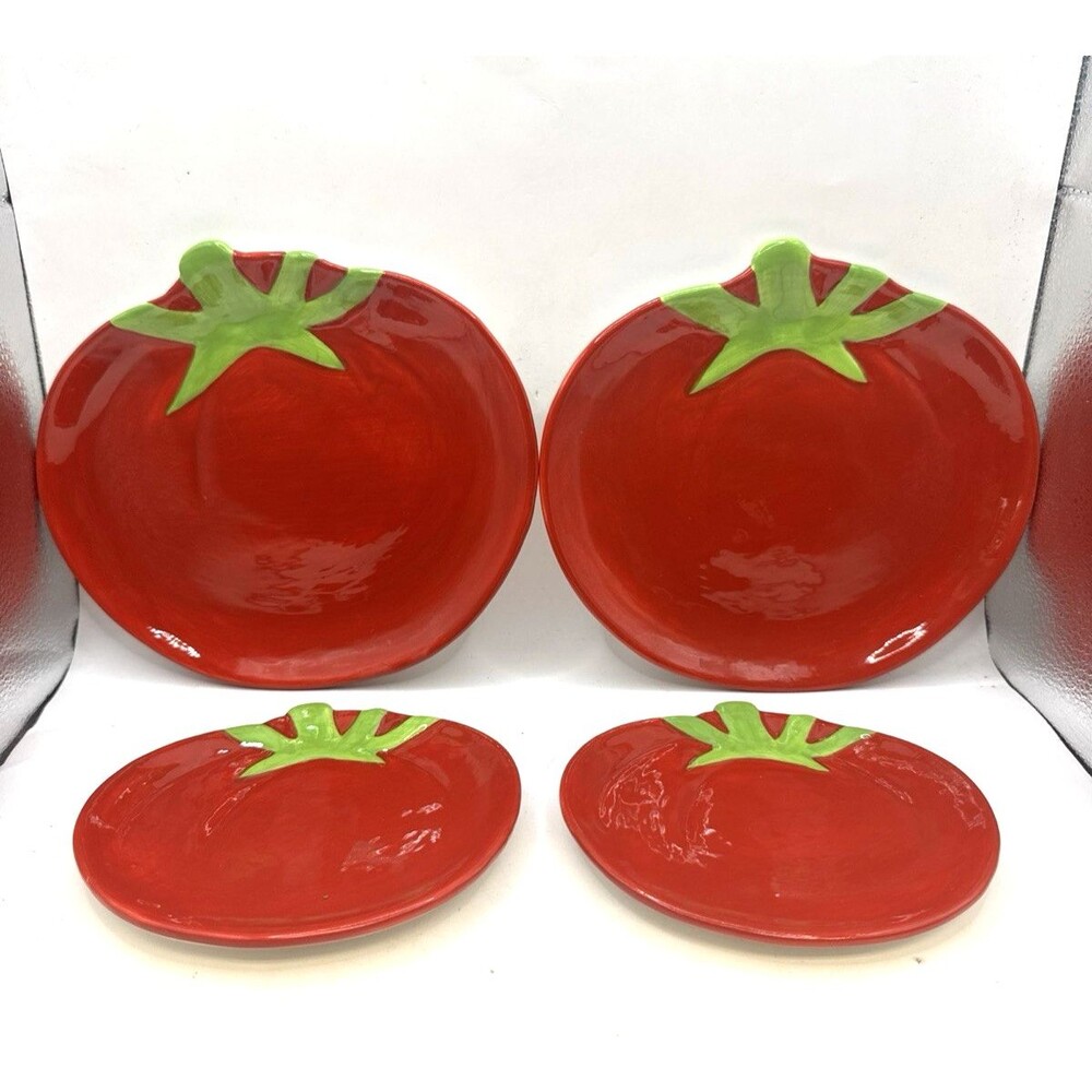 New 4 Red Tomato Shaped Tidbit Plates Ceramic Garden Veg Food Whimsy - Picture 1 of 7